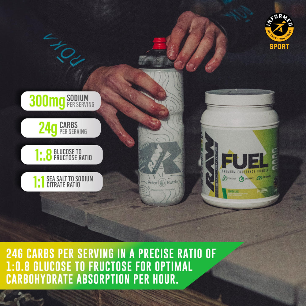 Pouring RAW Fuel Orange Endurance powder into a water bottle during a workout.