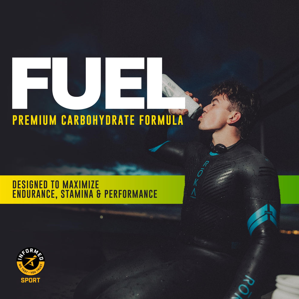 RAW Fuel Orange Endurance scoop measuring 24g of carbohydrates for steady energy.