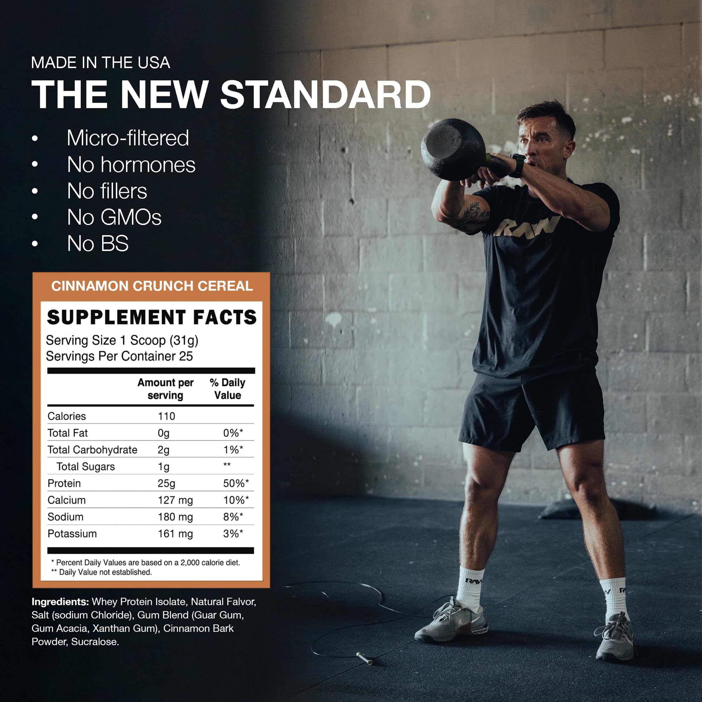 RAW Itholate Cinnamon Crunch back-of-container detailing serving size and protein.