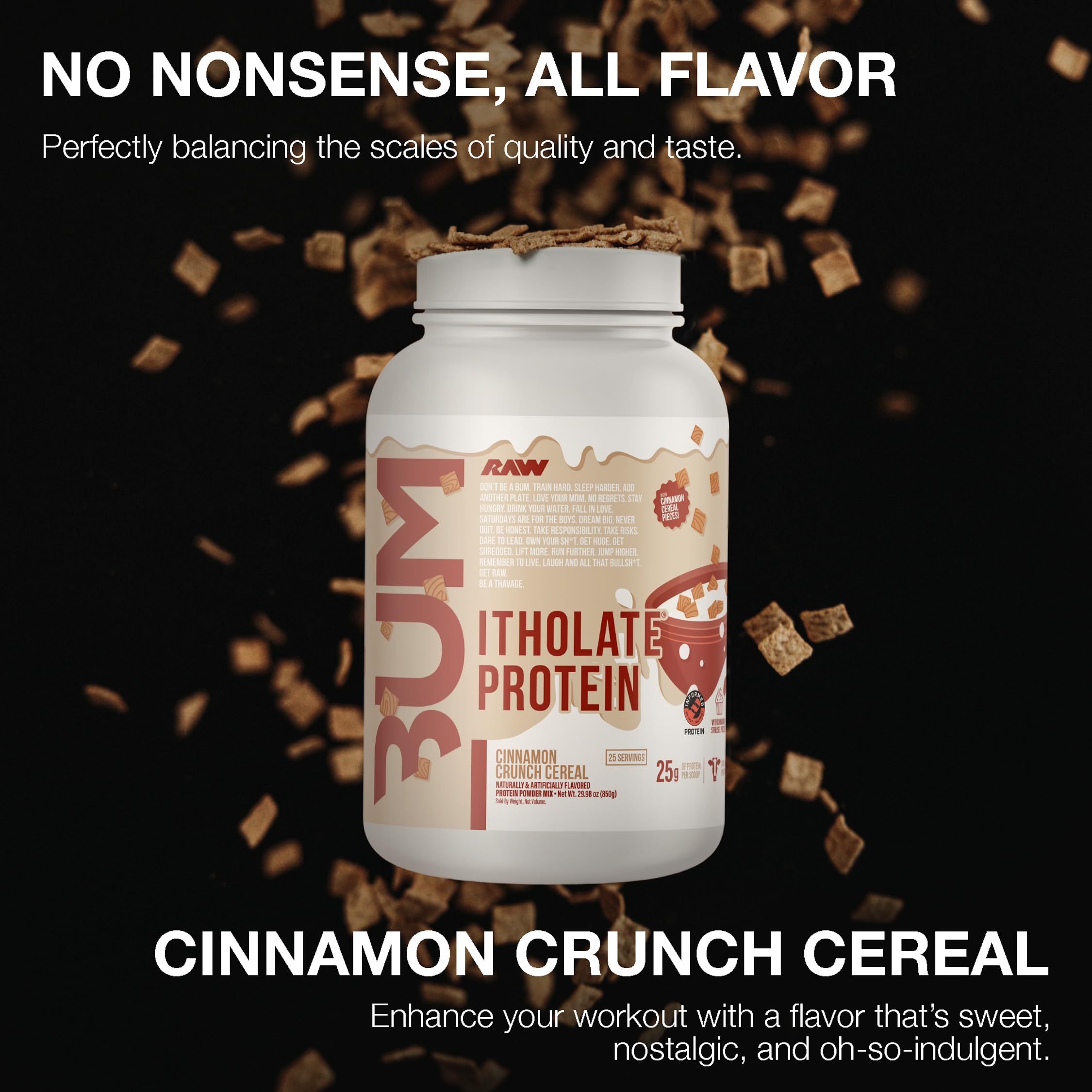 RAW Itholate Cinnamon Crunch shake glass with post-workout nutrition.