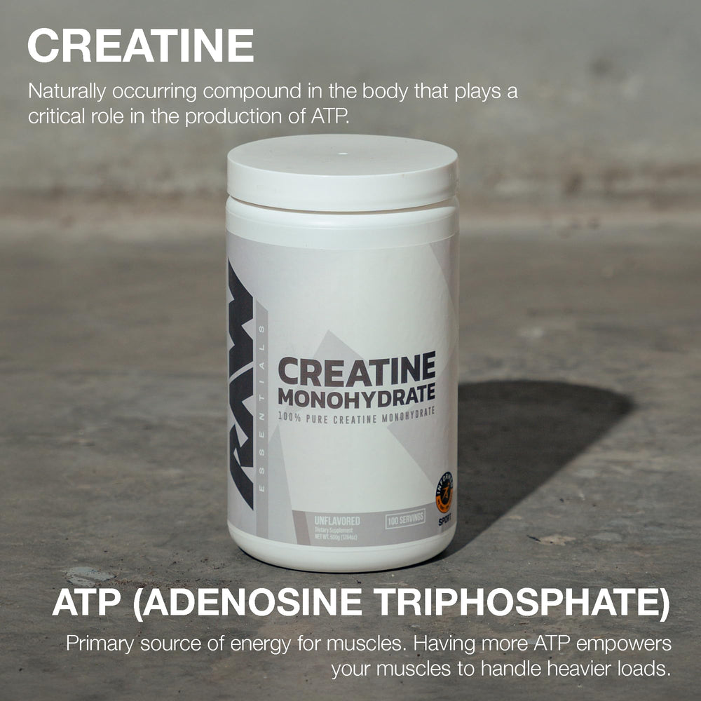 RAW Nutrition creatine monohydrate powder label emphasizing purity with no additives