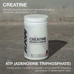 RAW Nutrition creatine monohydrate powder label emphasizing purity with no additives
