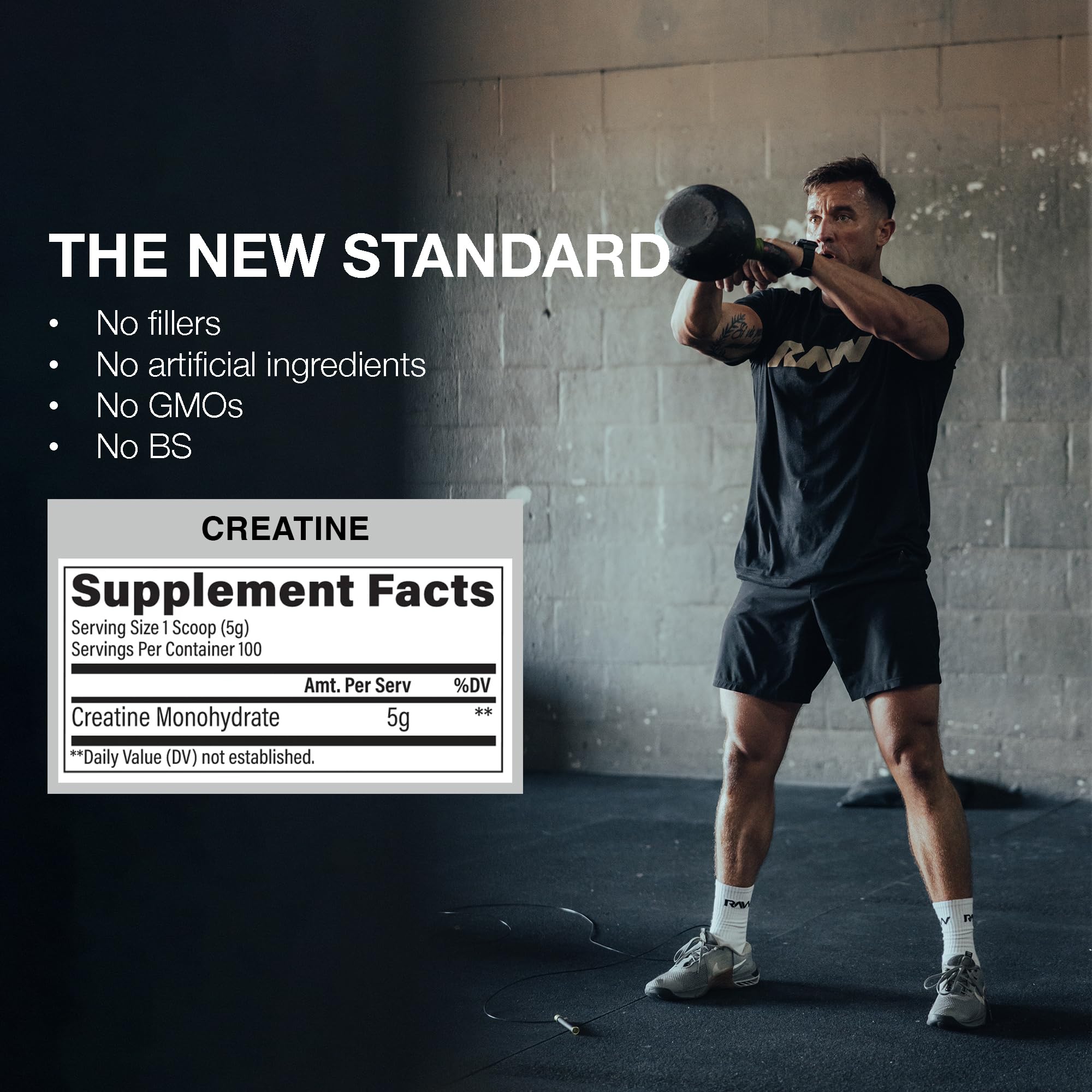RAW Nutrition creatine monohydrate powder being poured into a shaker for training sessions