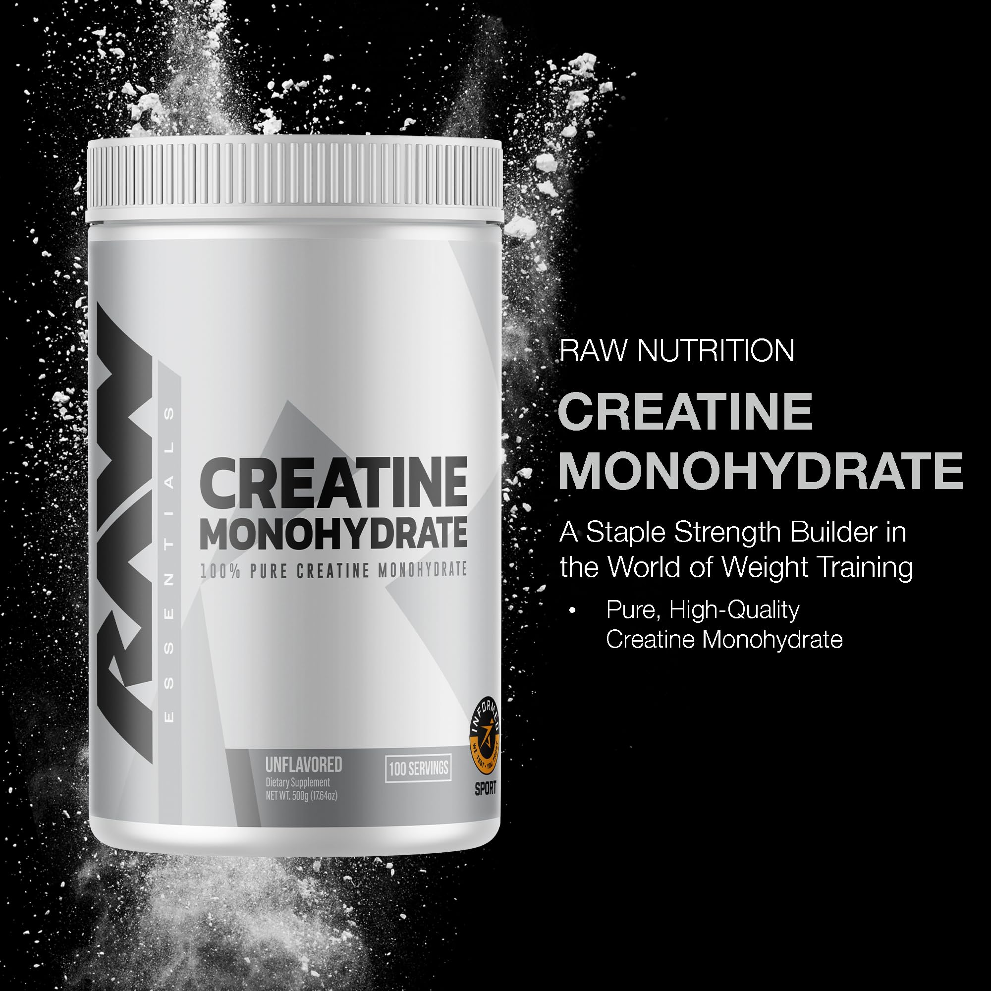RAW Nutrition creatine monohydrate powder scoop ready to mix for enhanced performance
