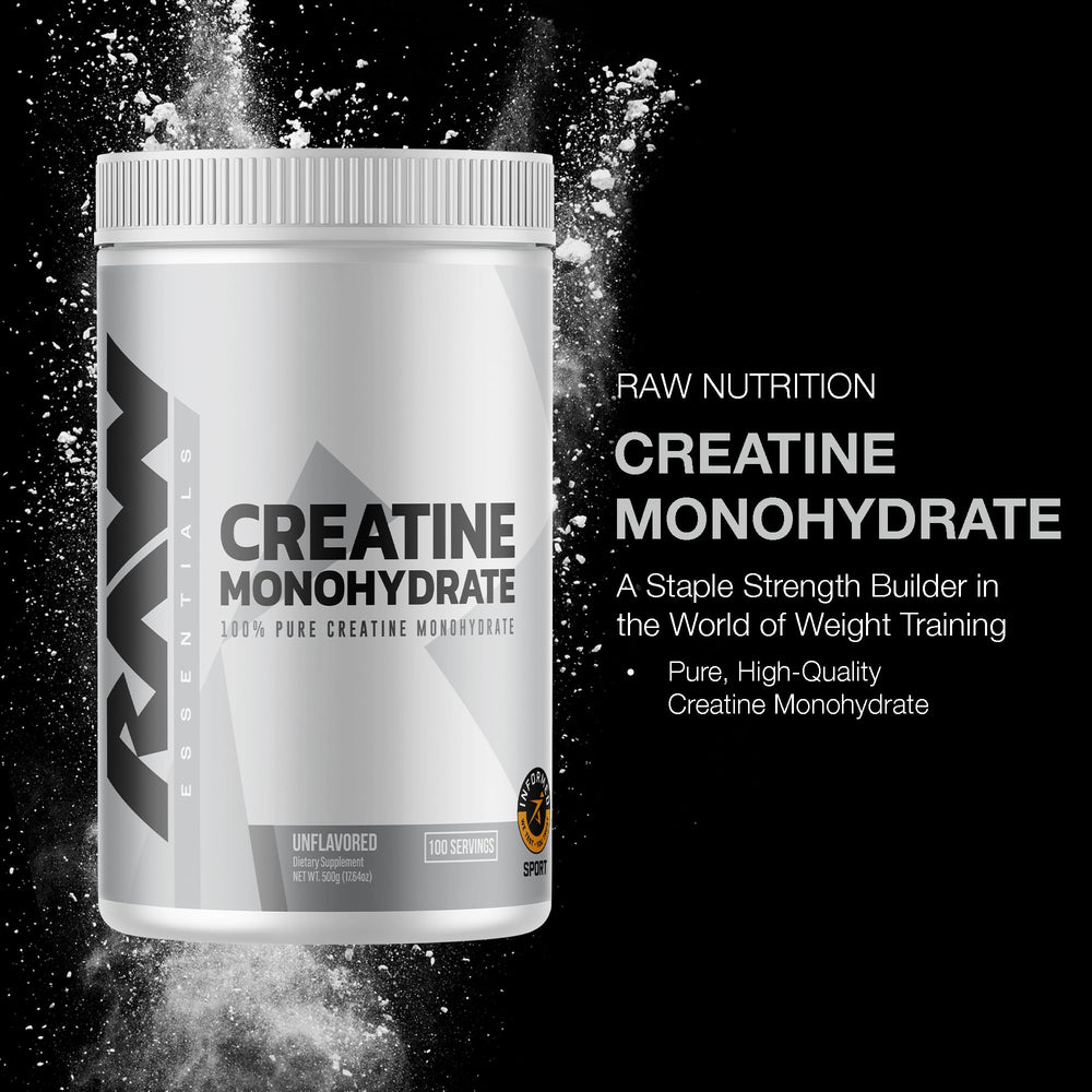 RAW Nutrition creatine monohydrate powder scoop ready to mix for enhanced performance