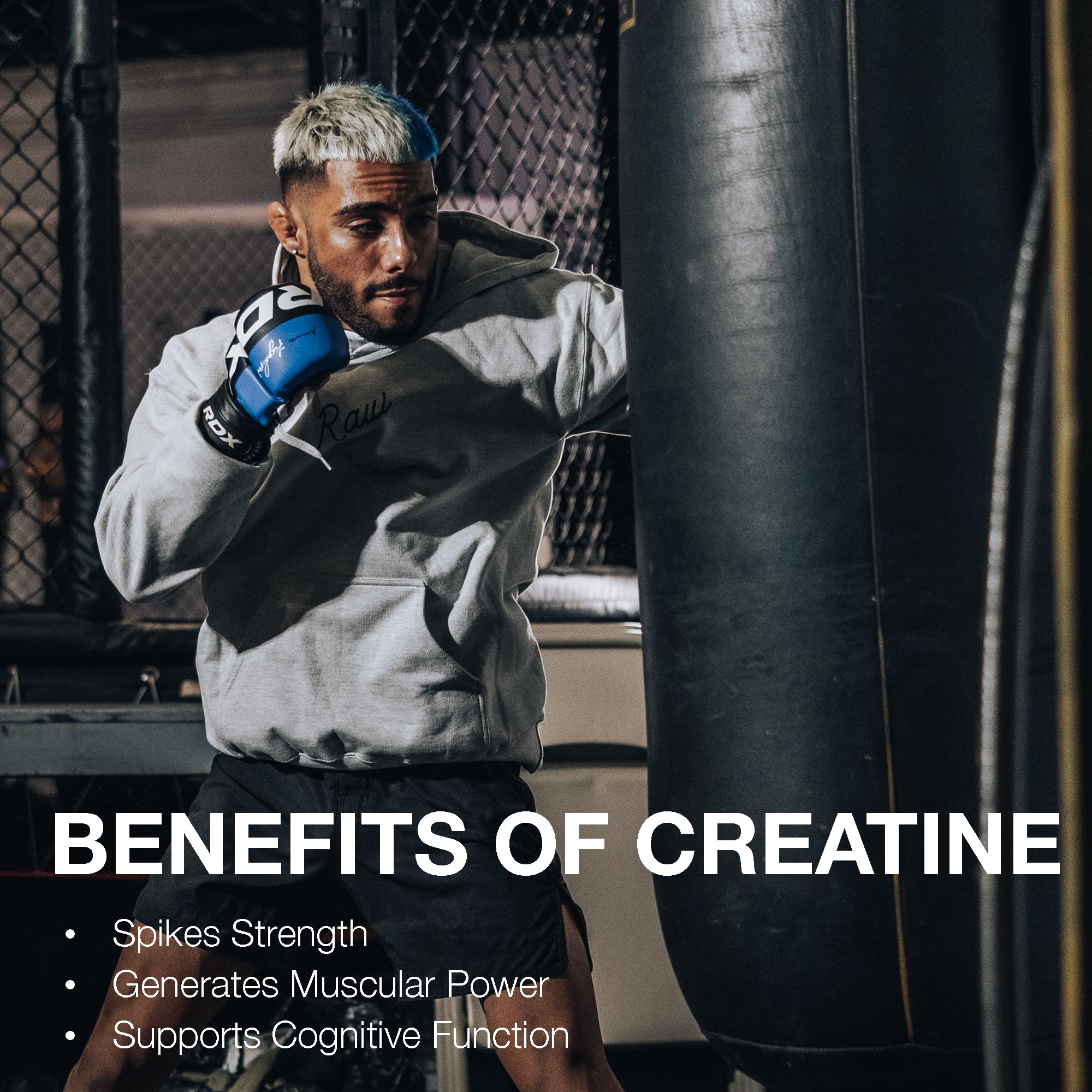 RAW Nutrition creatine monohydrate powder tub close-up showing unflavored option