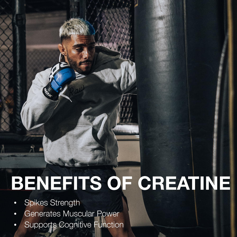 RAW Nutrition creatine monohydrate powder tub close-up showing unflavored option