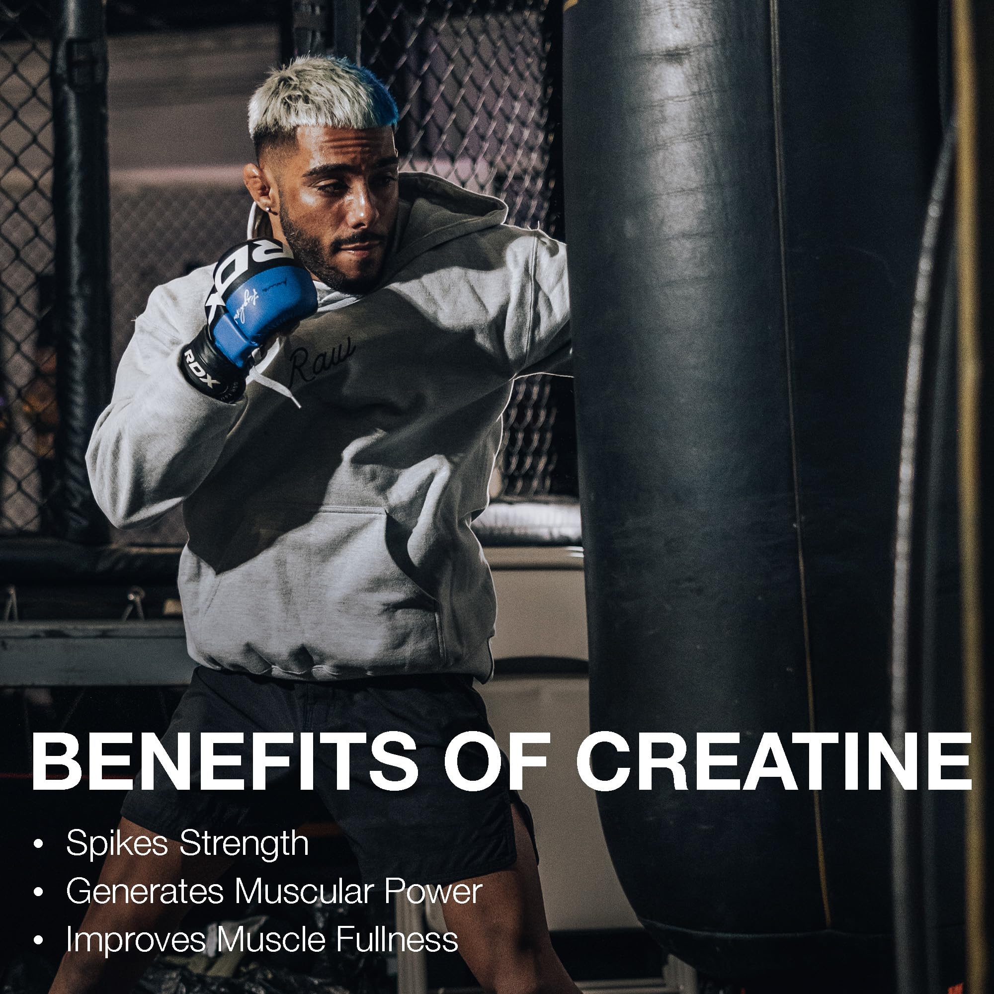 RAW Nutrition creatine monohydrate powder made in the USA badge