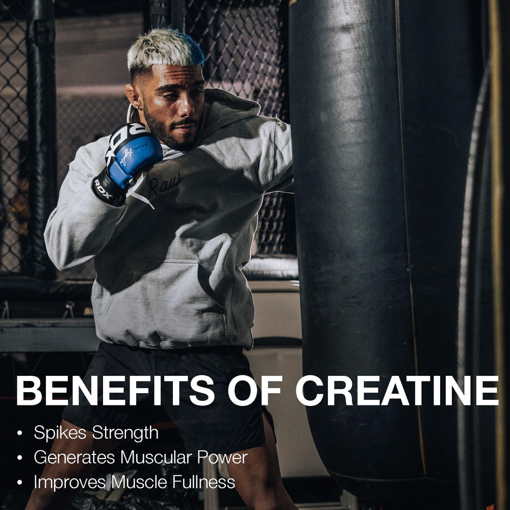 RAW Nutrition creatine monohydrate powder made in the USA badge