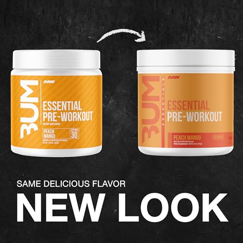 RAW Nutrition Essential Pre Peach Mango scoop dispense for accurate serving during workouts.