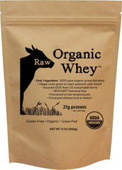 Raw Organic Whey powder bag on shelf showing grass-fed organic protein.
