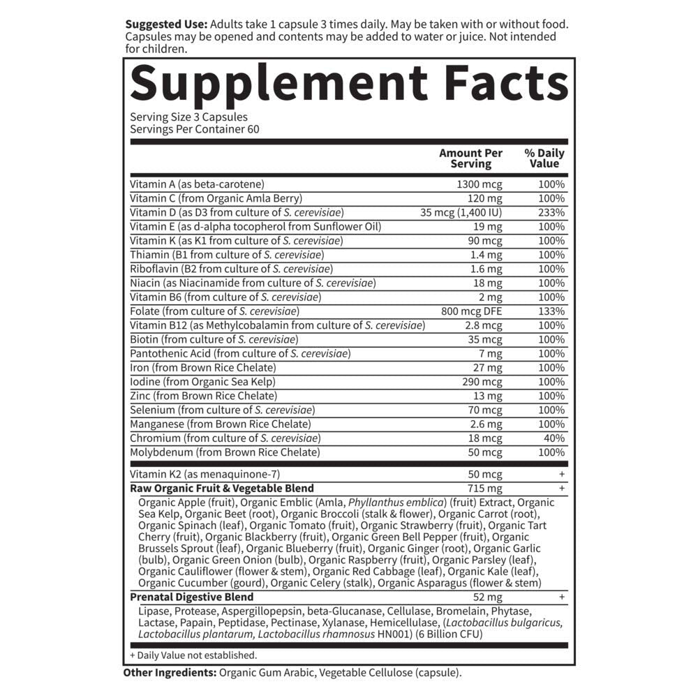 Folate 800mcg and iron 27mg on nutrition label.