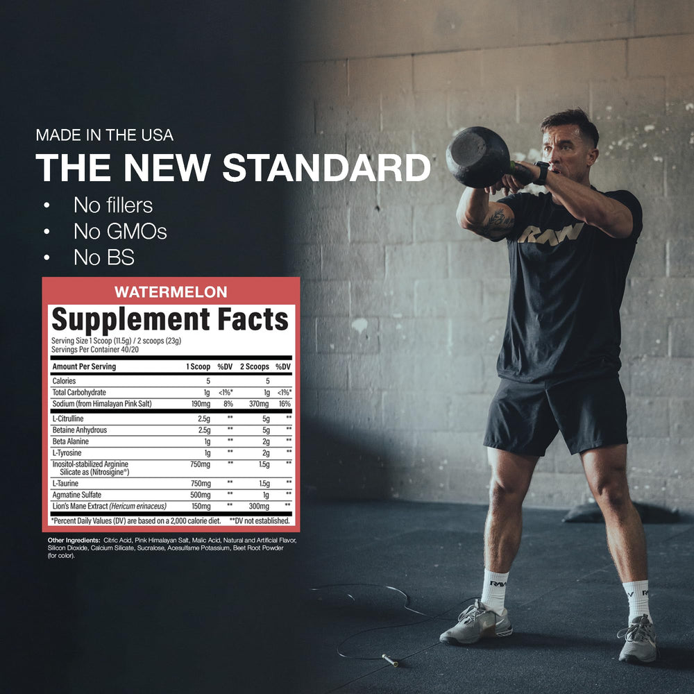 RAW Pump Stim Free Watermelon crafted in the USA with pure ingredients.