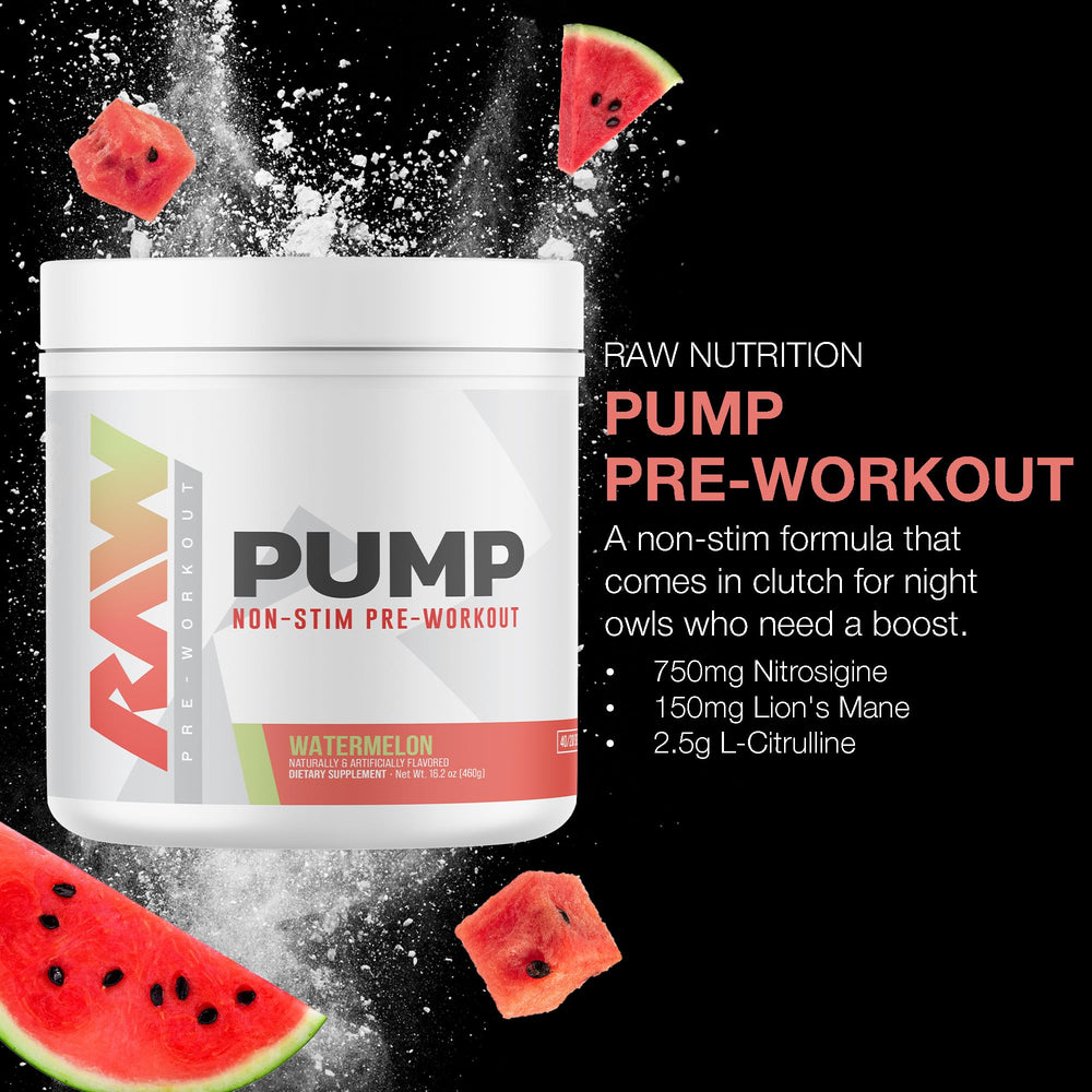 RAW Pump Stim Free Watermelon bottle shown for convenient dosing during training.