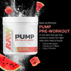 RAW Pump Stim Free Watermelon bottle shown for convenient dosing during training.