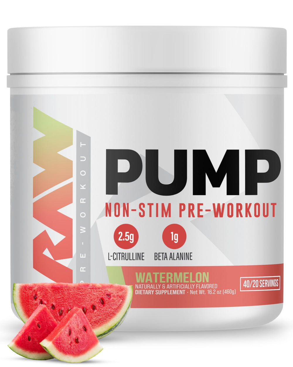 RAW Pump Stim Free Watermelon scoop energizes workouts with nitric oxide support.