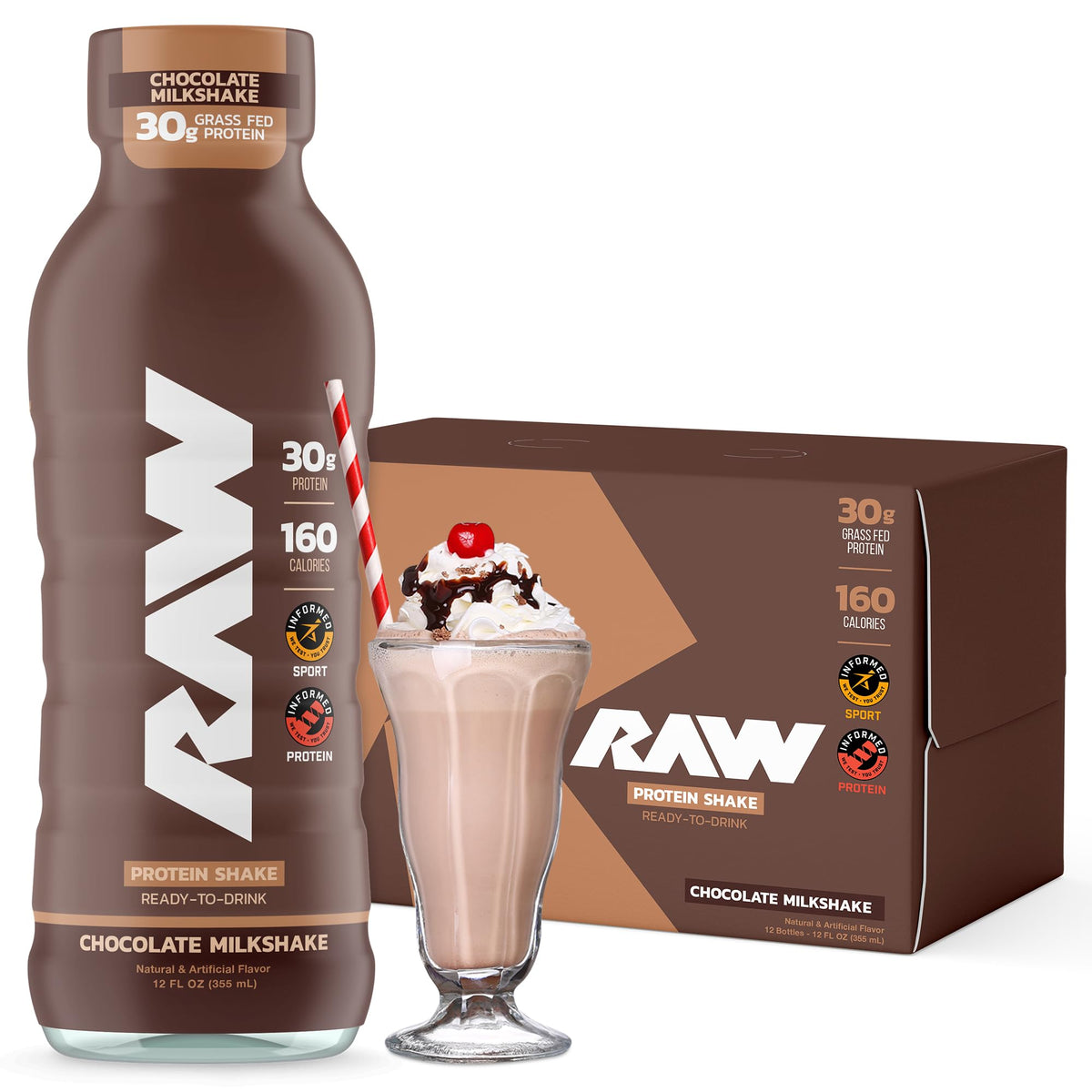 RAW Ready-to-Drink Chocolate Shake bottle, a high-protein post-workout option