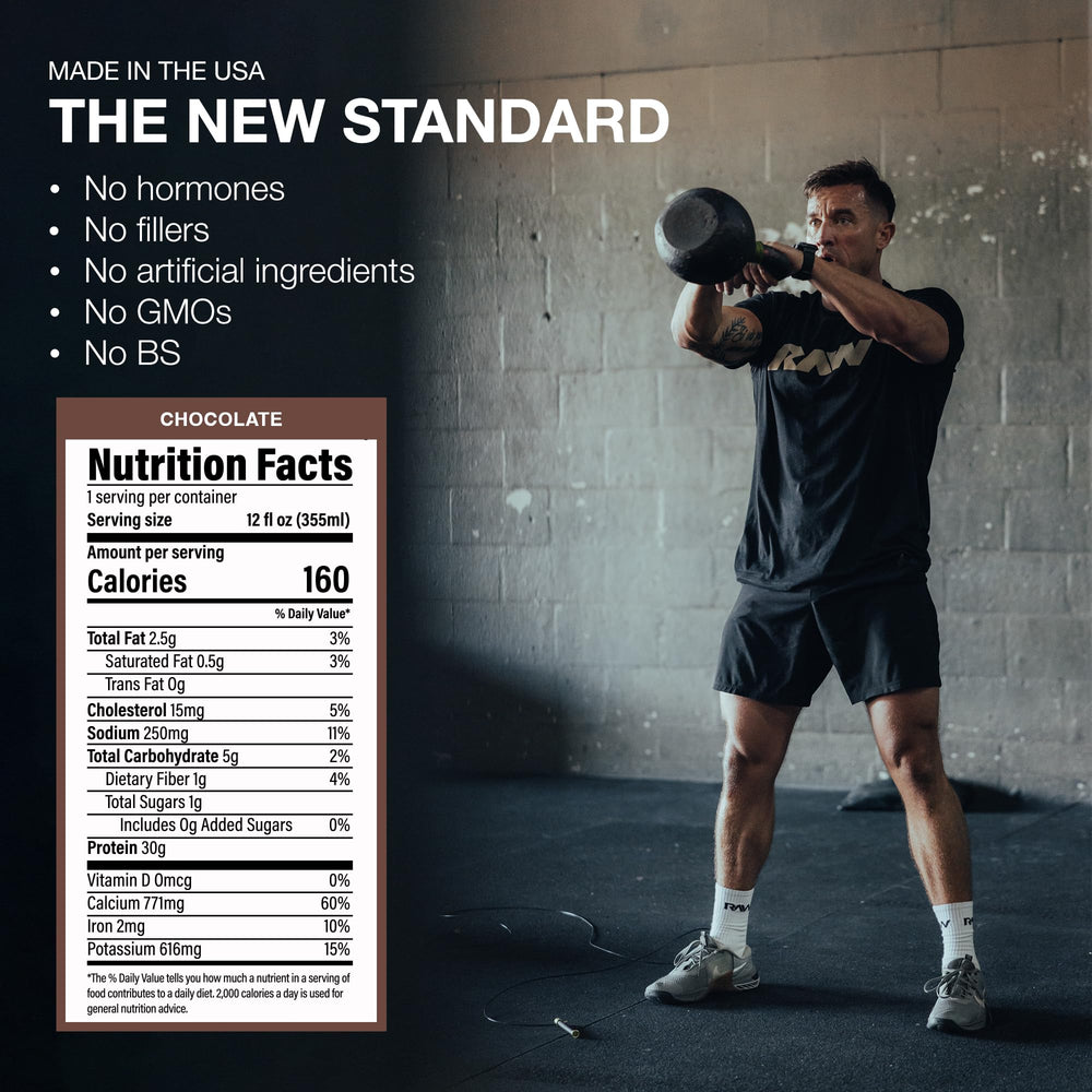 RAW Ready-to-Drink Chocolate Shake being poured for quick recovery after training