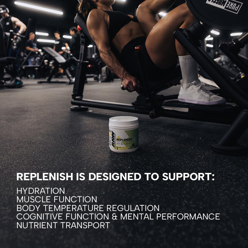 RAW Replenish endurance hero badge on packaging hints at workout performance support.