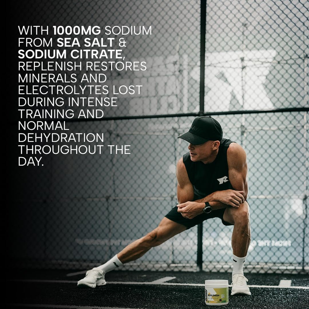 RAW Replenish scoop beside a glass demonstrates fast mixing for daily hydration.