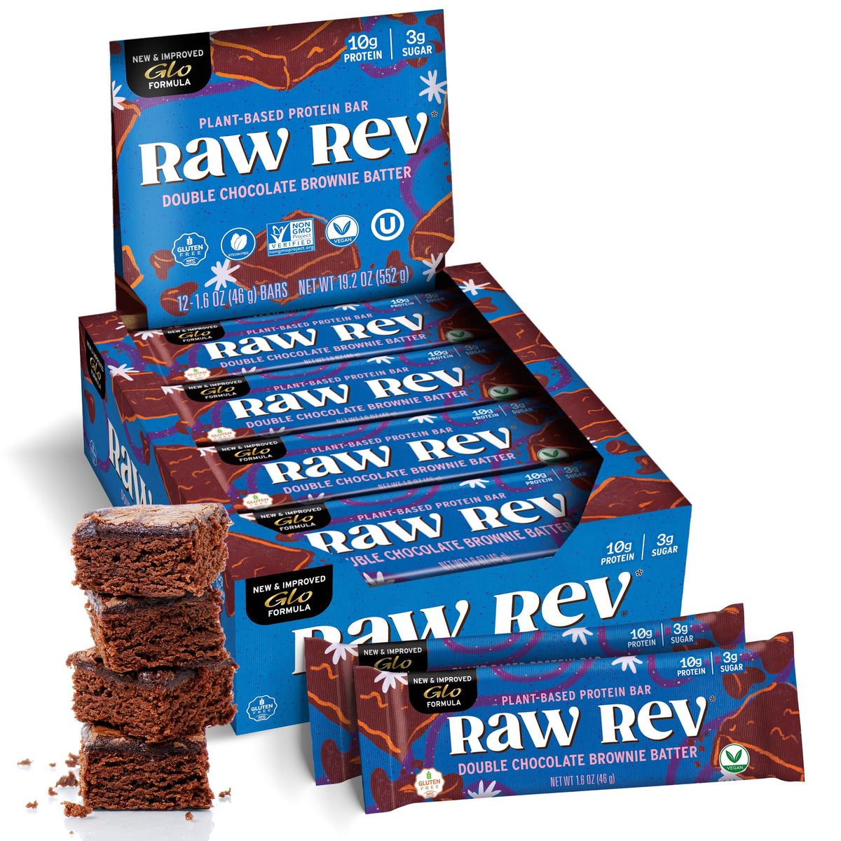 Raw Rev Glo Double Chocolate Brownie Batter bar front view, protein-packed grab-and-go snack.
