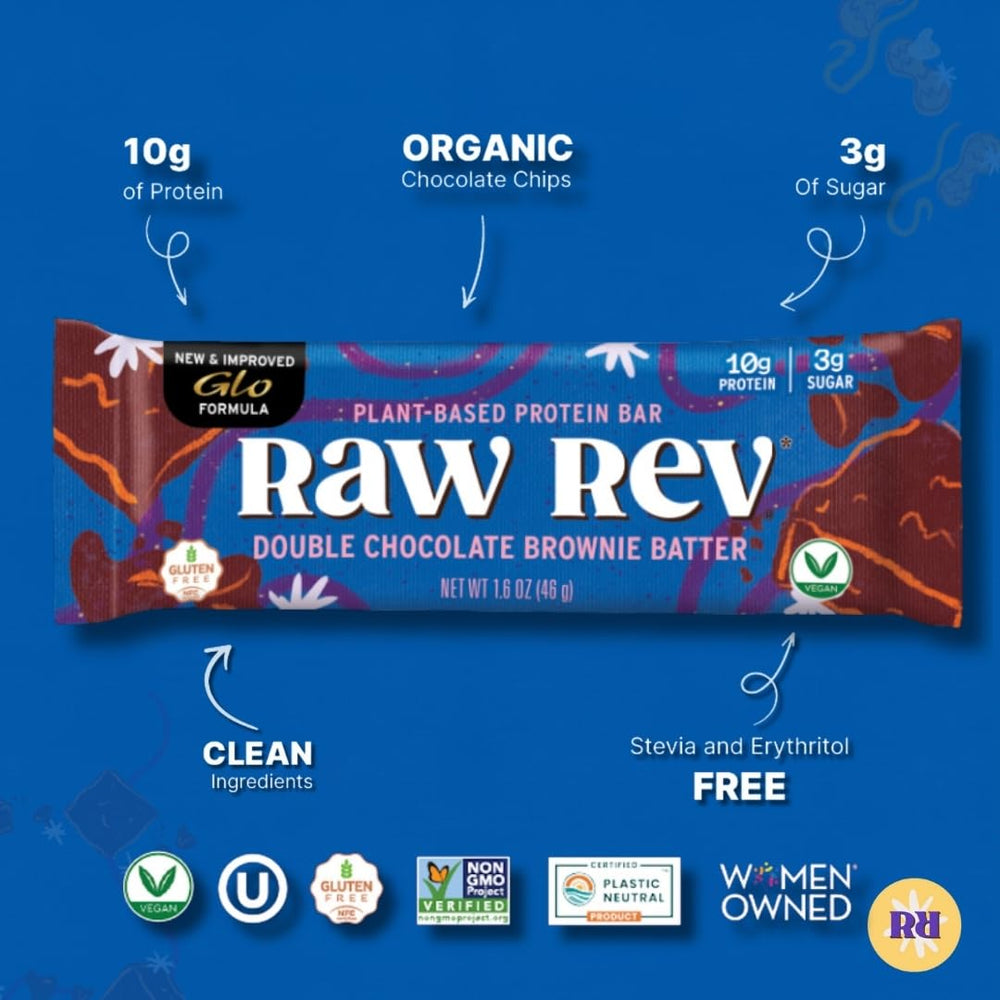 Raw Rev Glo brownie batter bar nutrition label close-up for mindful planning.