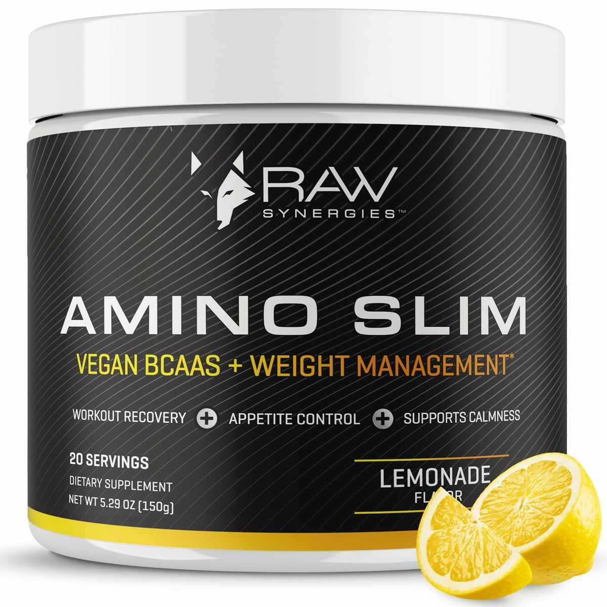 Raw Synergies Amino Slim lemonade powder dissolving in water for a refreshing workout boost
