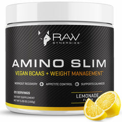Raw Synergies Amino Slim lemonade powder dissolving in water for a refreshing workout boost