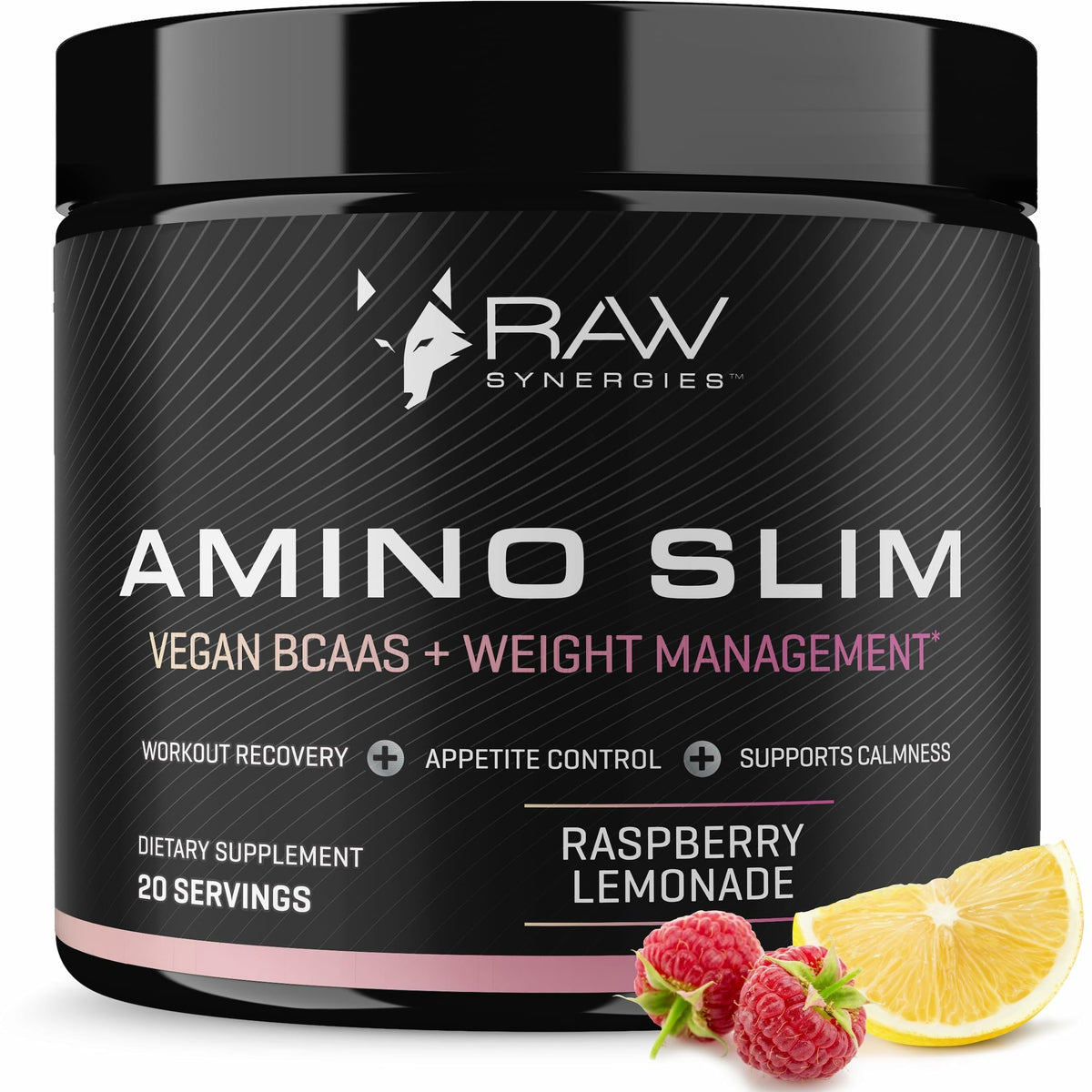 RAW Synergies Amino Slim bottle pour highlights vegan BCAAs for workout energy