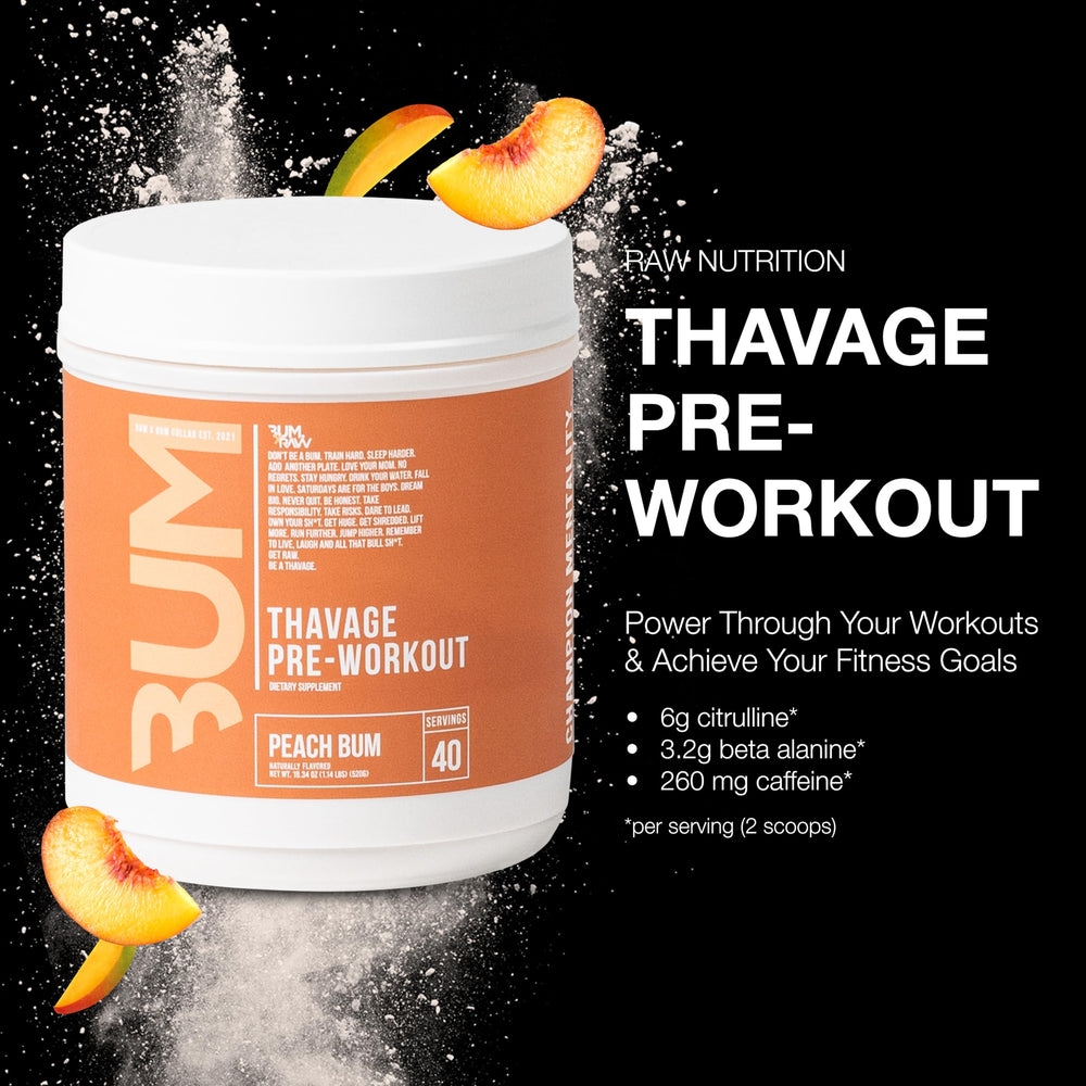 RAW Thavage tub front highlights compact packaging and serving info for workouts