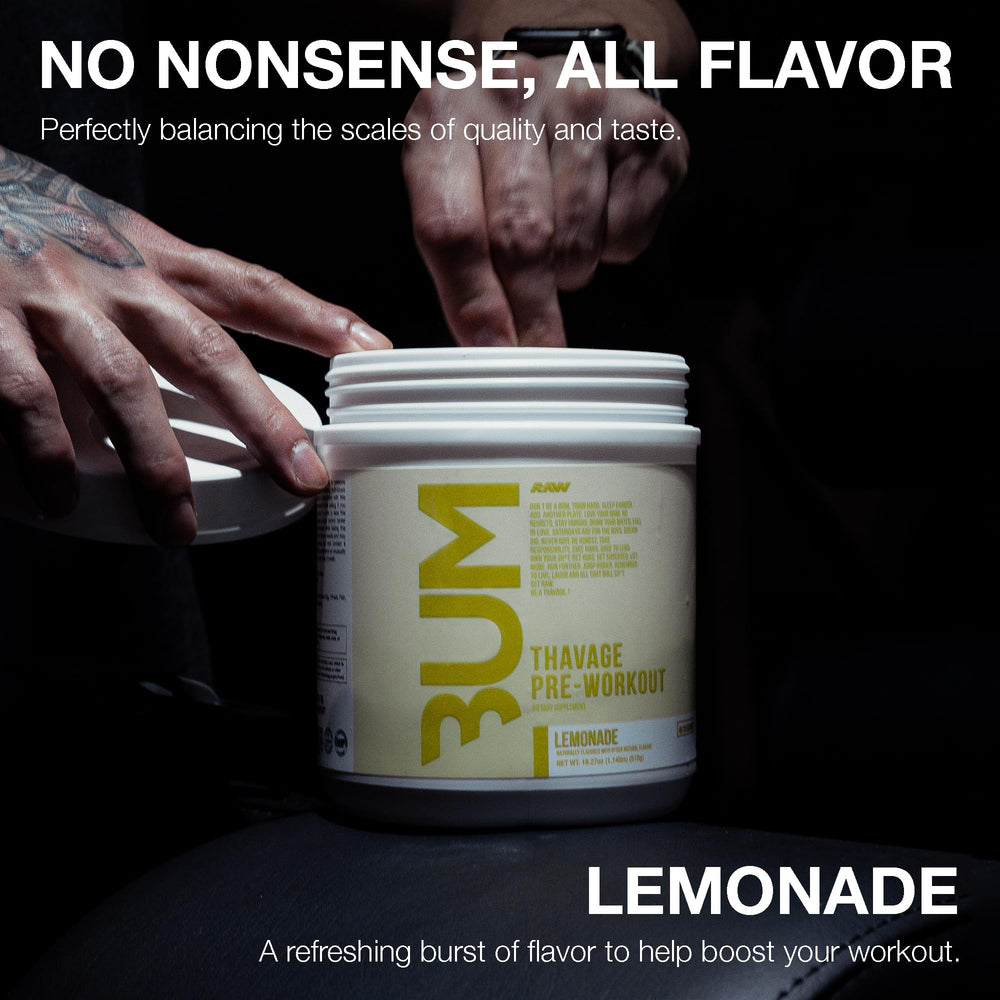 RAW Thavage Lemonade label close-up highlighting caffeine and beta-alanine for energy