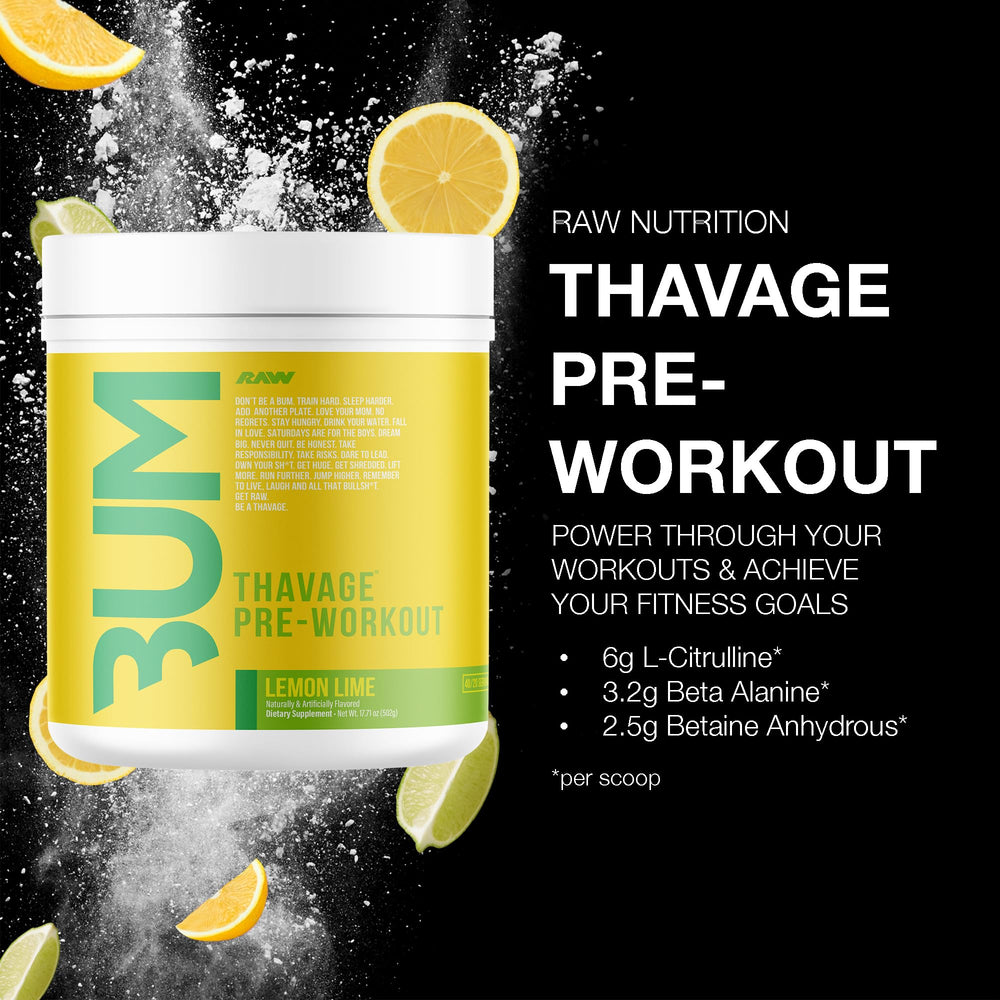 RAW Thavage Lemon Lime powder scoop showing serving size and texture.