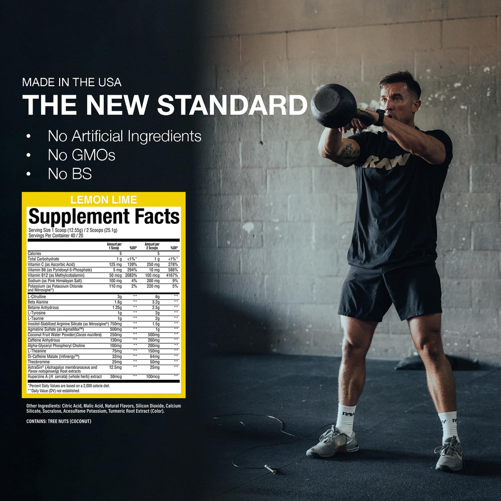 RAW Thavage Lemon Lime preworkout bottle on a shelf in a gym setting.