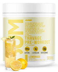 RAW Thavage Lemonade pre-workout bottle energizing workouts with refreshing flavor