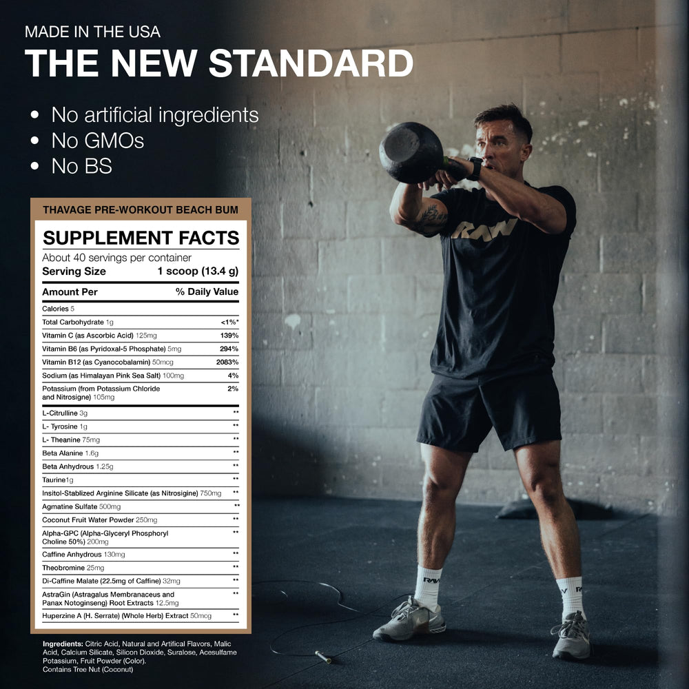 RAW Thavage nutrition label highlights clean ingredients and no artificial additives.