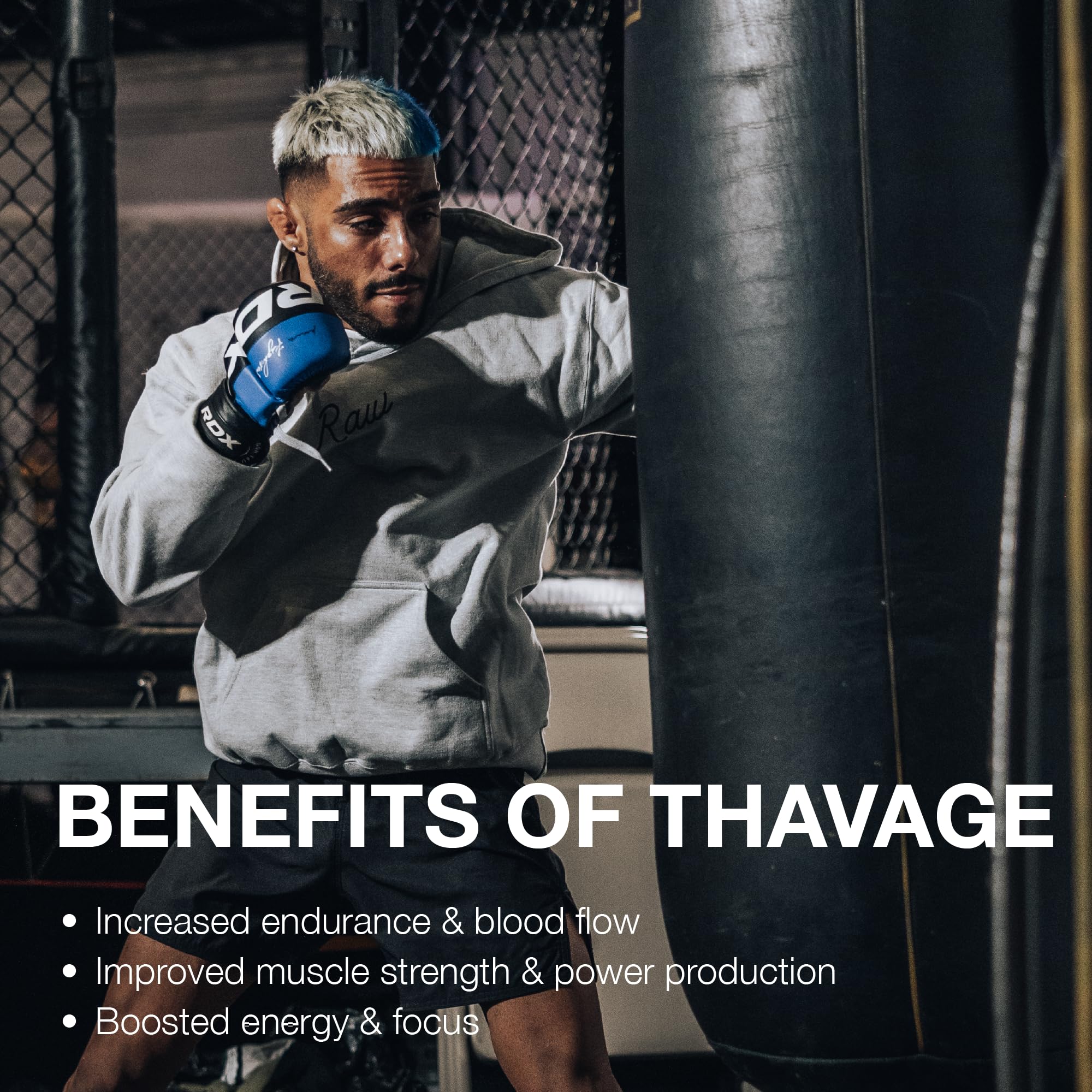 RAW Thavage powder scoop resting on gym bench ready for workouts.