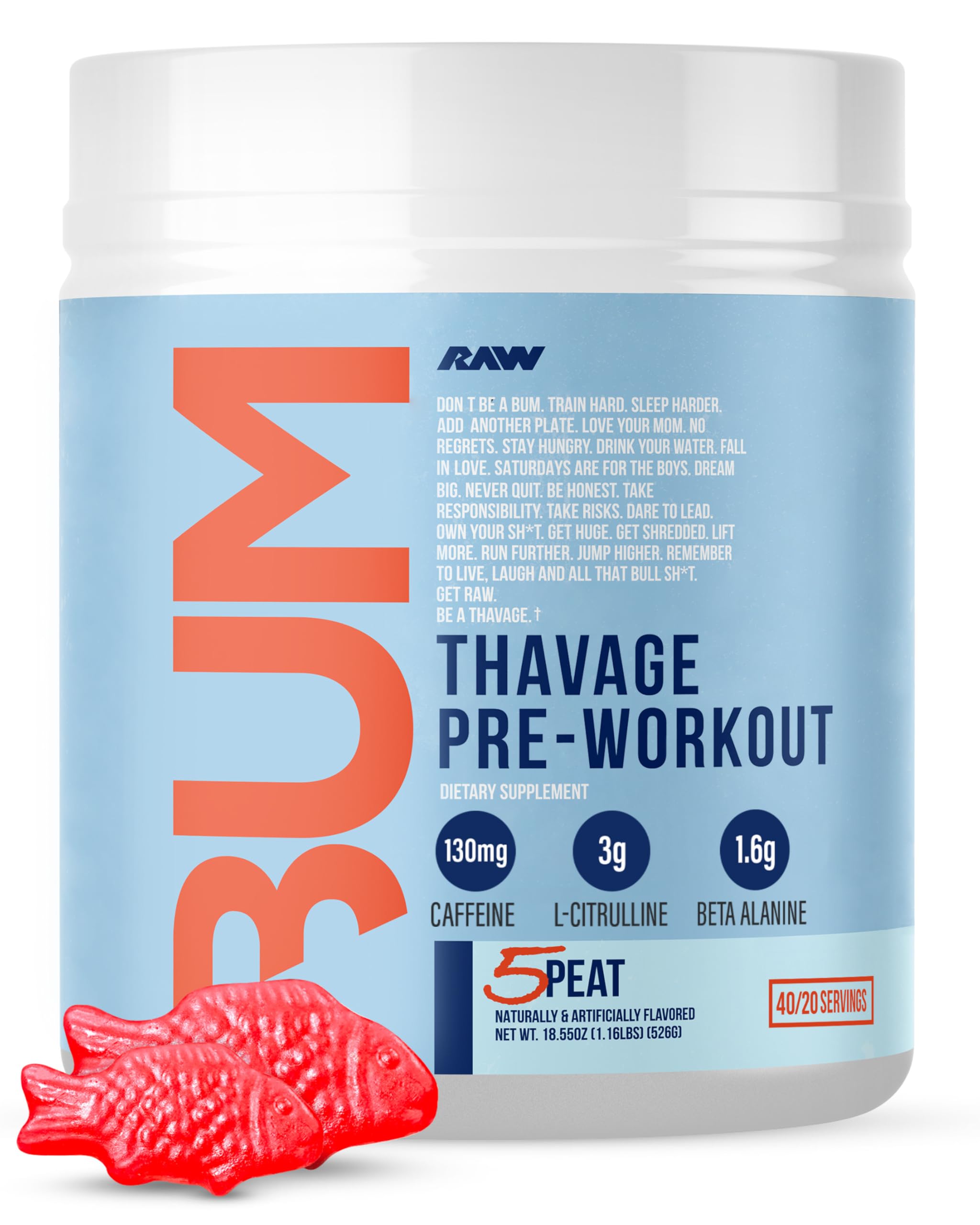 RAW Thavage powder tub front for a high-energy pre-workout session.