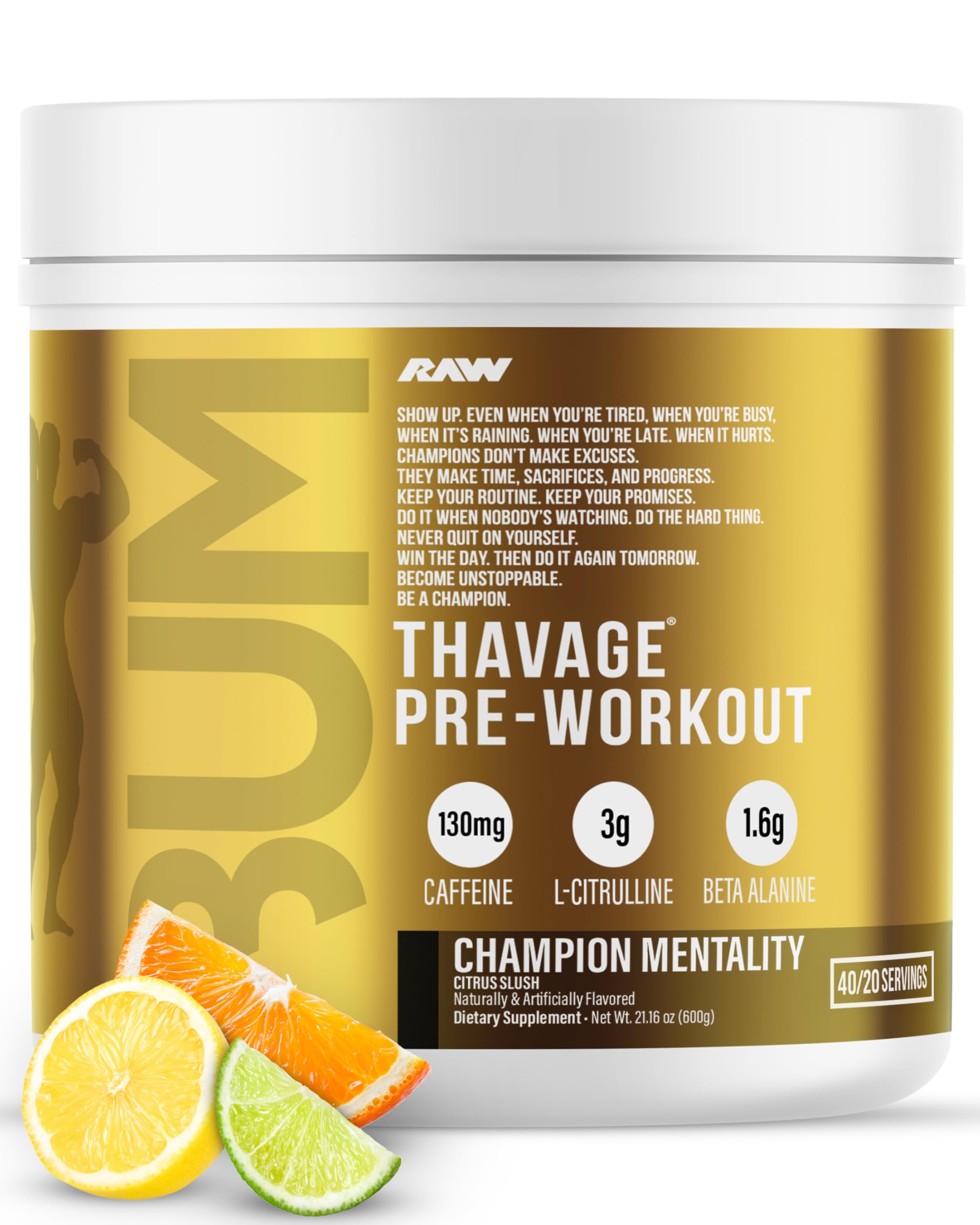 RAW Thavage pre-workout bottle front with bold branding and energy hint.