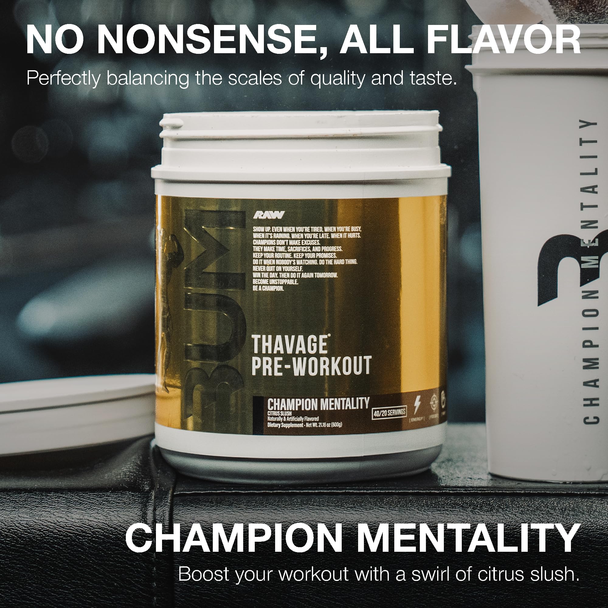 RAW Thavage powder dispensing close-up highlighting smooth mixability.