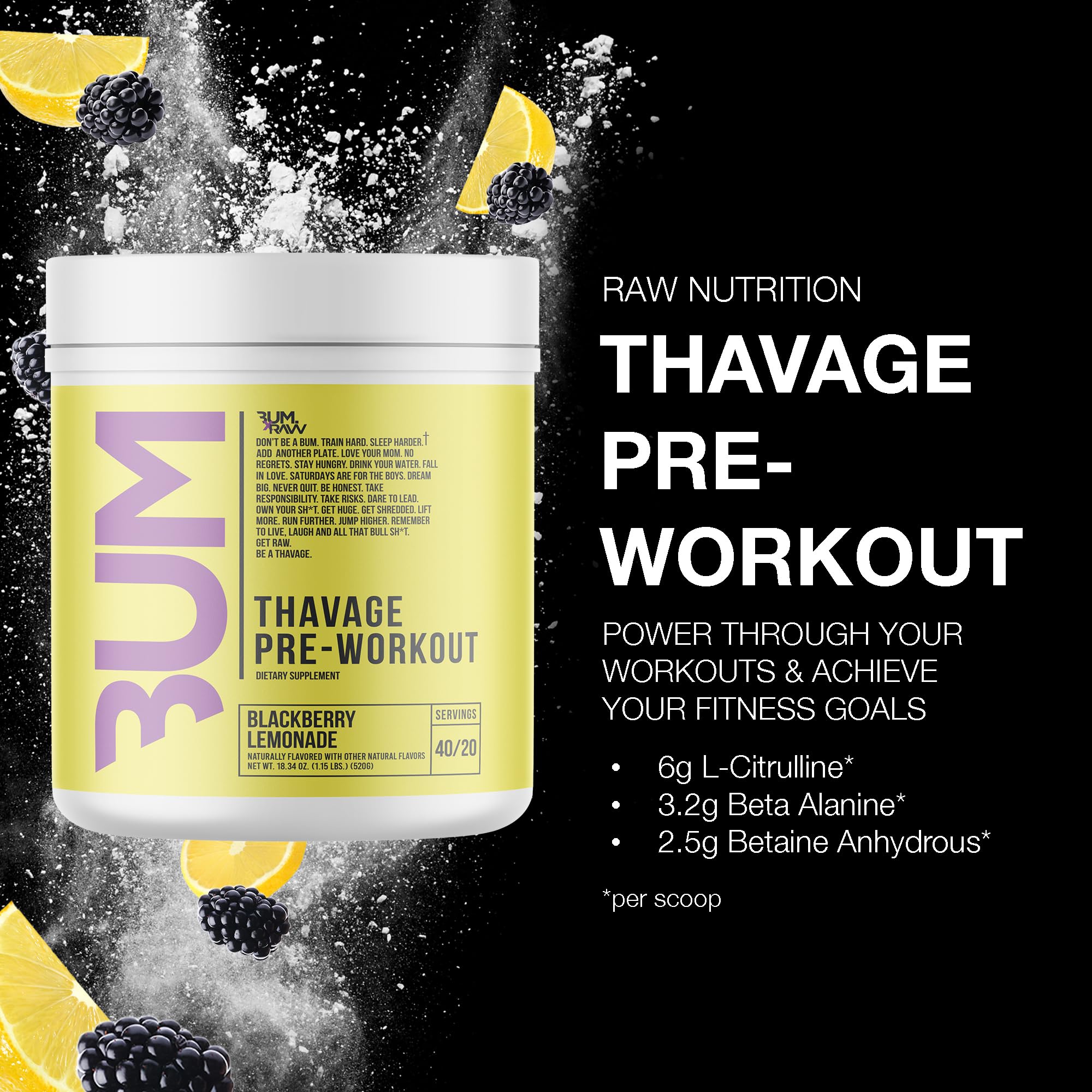 Raw Thavage preworkout blackberry lemonade flavor label close-up for flavor appeal