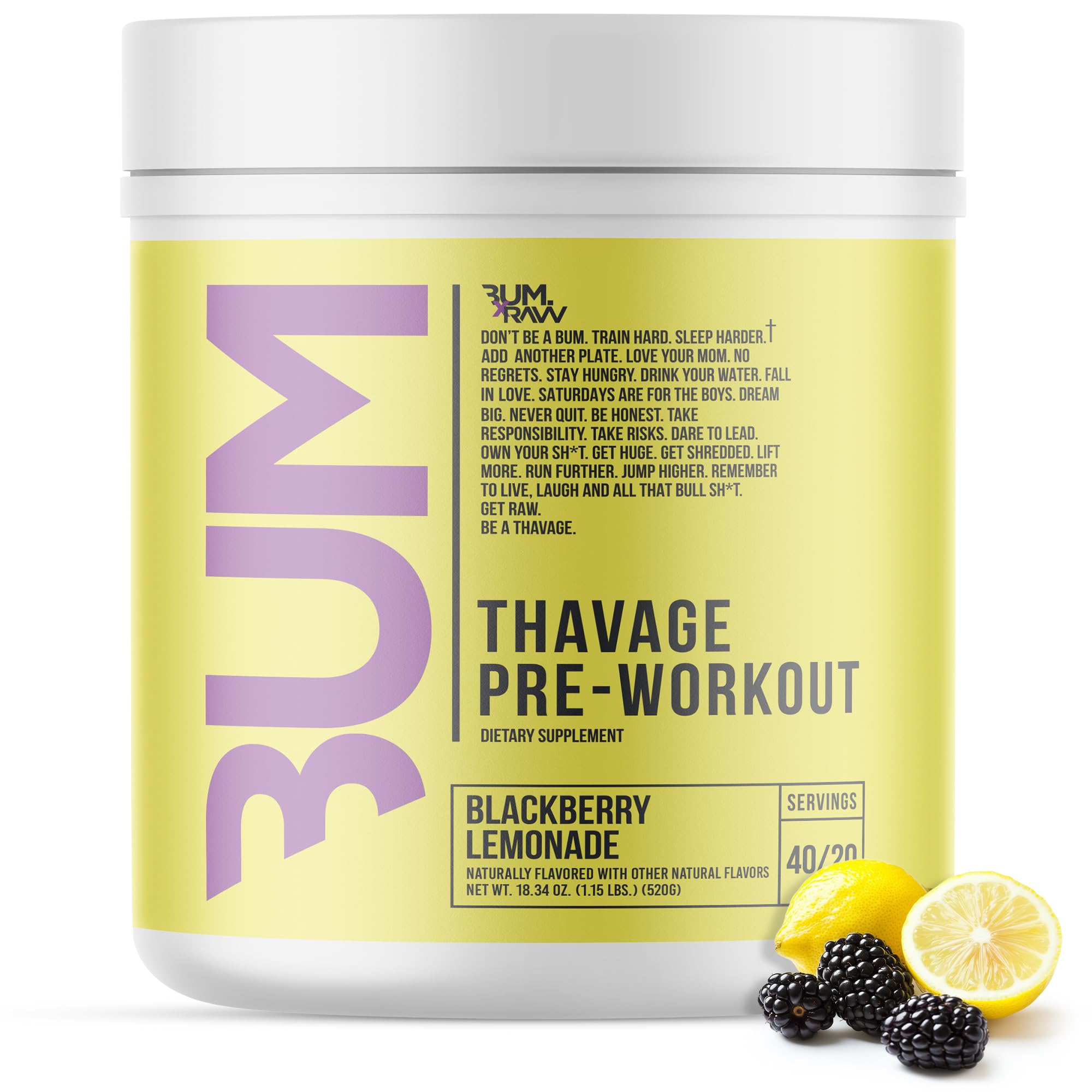Raw Thavage preworkout canister with blackberry lemonade flavor energizing training sessions