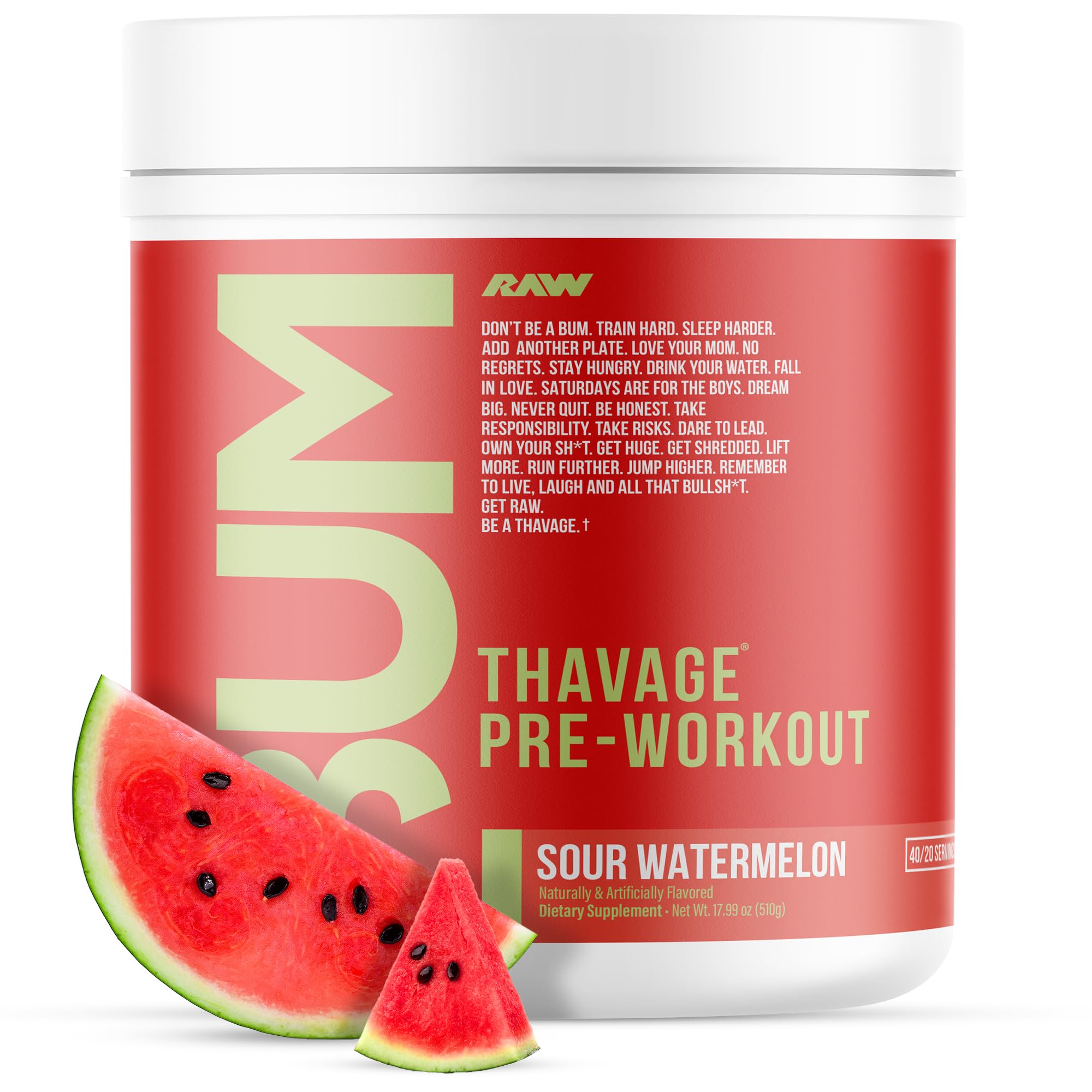 RAW Thavage preworkout sour watermelon tub ready for training energy boost.