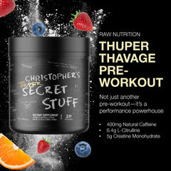 RAW Thuper Thavage container on gym bench highlights high-stim formula.