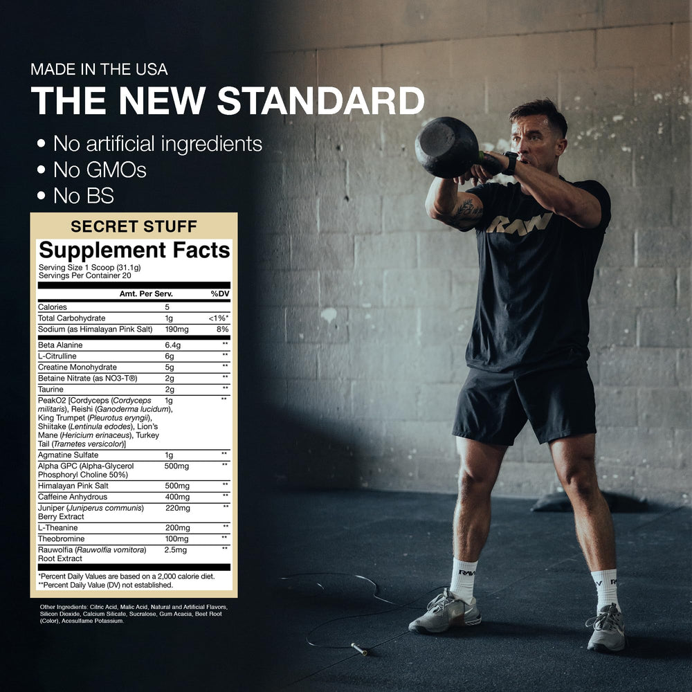 Packaging of RAW Thuper Thavage with pink salt and beta-alanine blend.