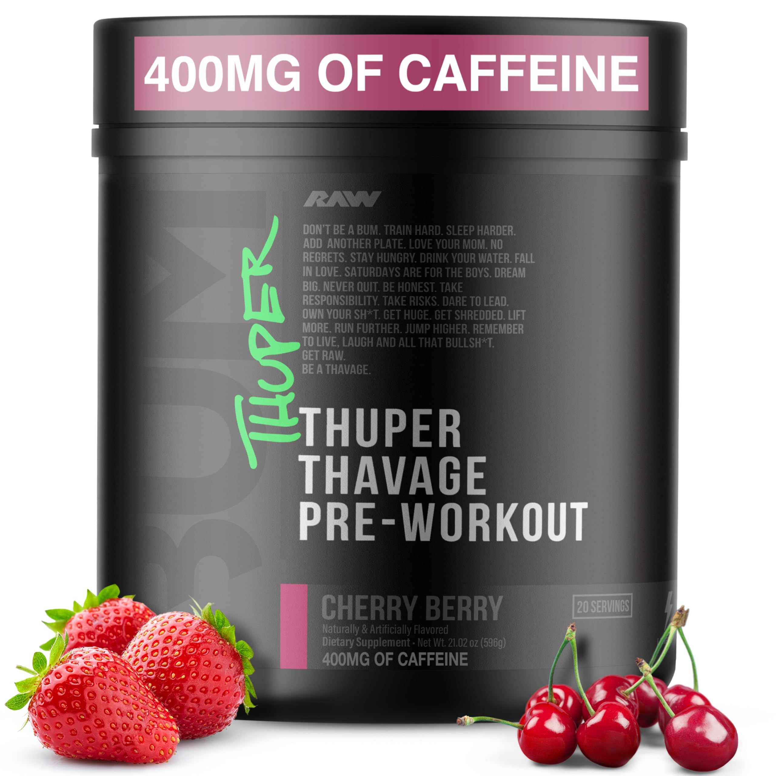 RAW Thuper Thavage powder tub in Cherry Berry for energized workouts