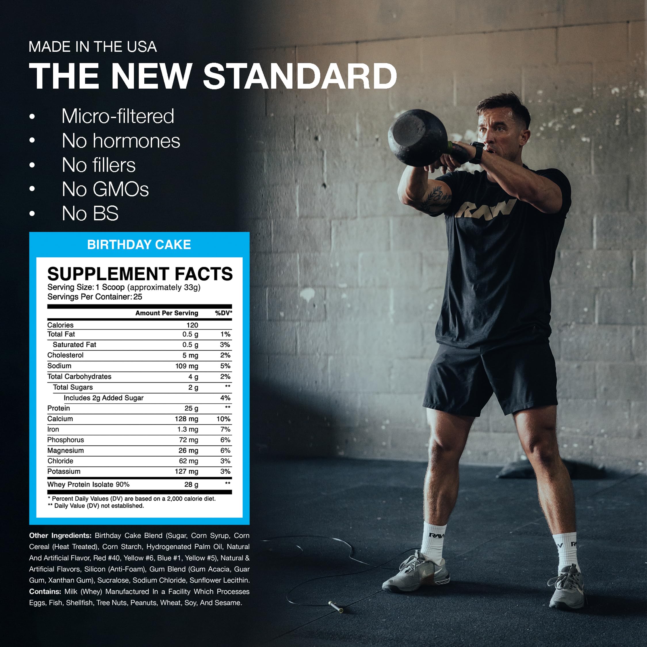 RAW Whey Isolate Birthday Cake ingredients list showing hormone-free formula