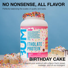 RAW Whey Isolate Birthday Cake powder close-up for quick shakes