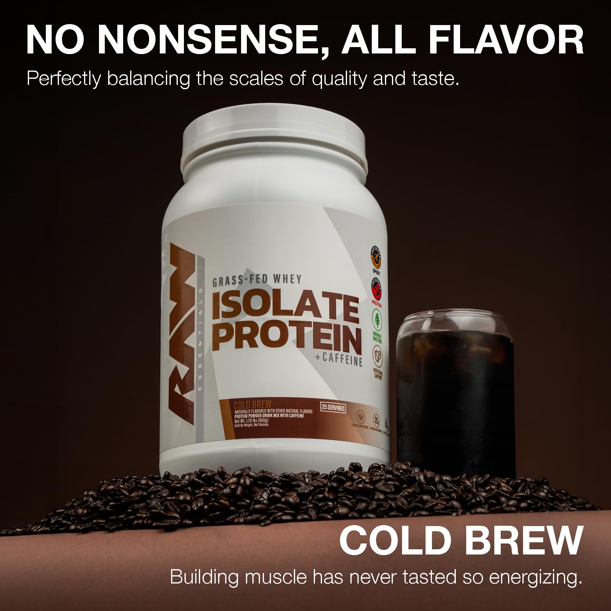 RAW Whey Isolate Cold Brew powder with scoop highlighting low fat and carbs
