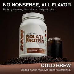 RAW Whey Isolate Cold Brew powder with scoop highlighting low fat and carbs