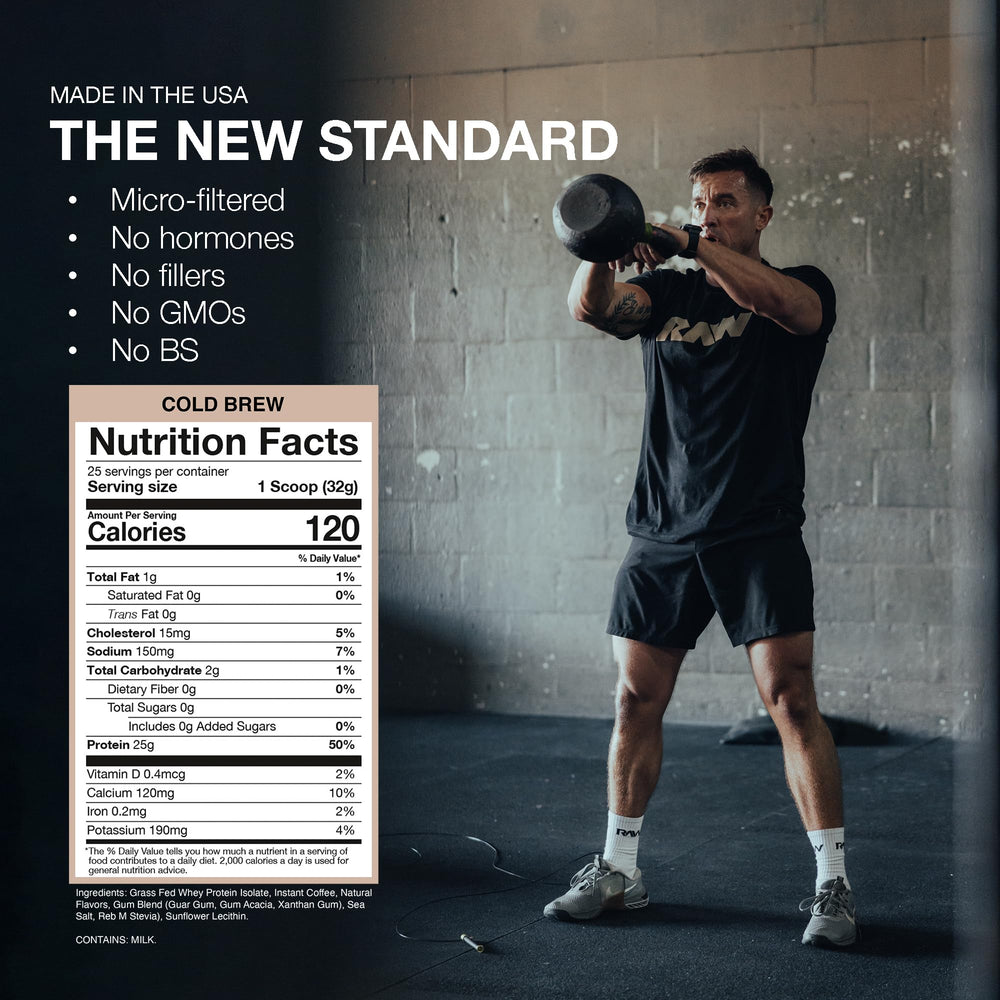 RAW Whey Isolate Cold Brew shaker ready beside mixer